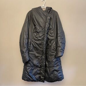 masnada Asymmetrical Polymide Long Black Hooded Puffer Coat - Made in Italy